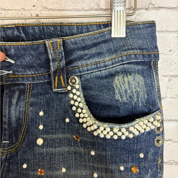 Vintage Y2K Upcycled Peacock Red Lace Cropped Cuff Jeans - Picture 8 of 8